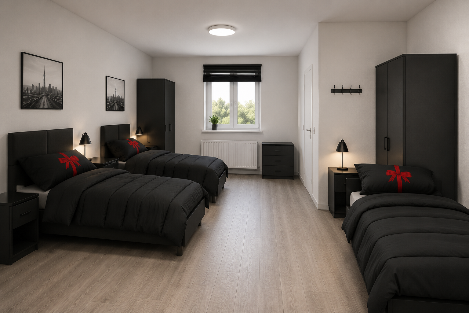 Modern eingerichtetes 3-Bett-Zimmer bei Base208 Ziethen